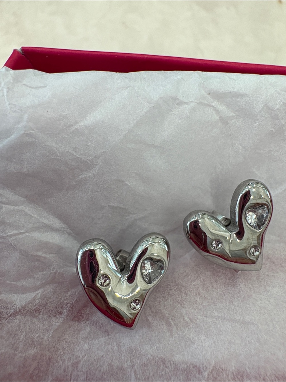 Avon Silver Heart Stud Earrings with Crystal Accents